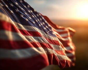 Waving American Flag Sunset Photography Print - Patriotic Wall Art (Digital Download)