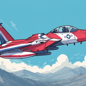 Patriotic Fighter Jet Cartoon Art Print – USAF Jet Digital Download, Red White Blue Decor, Kids Room Wall Art, Airplane Illustration