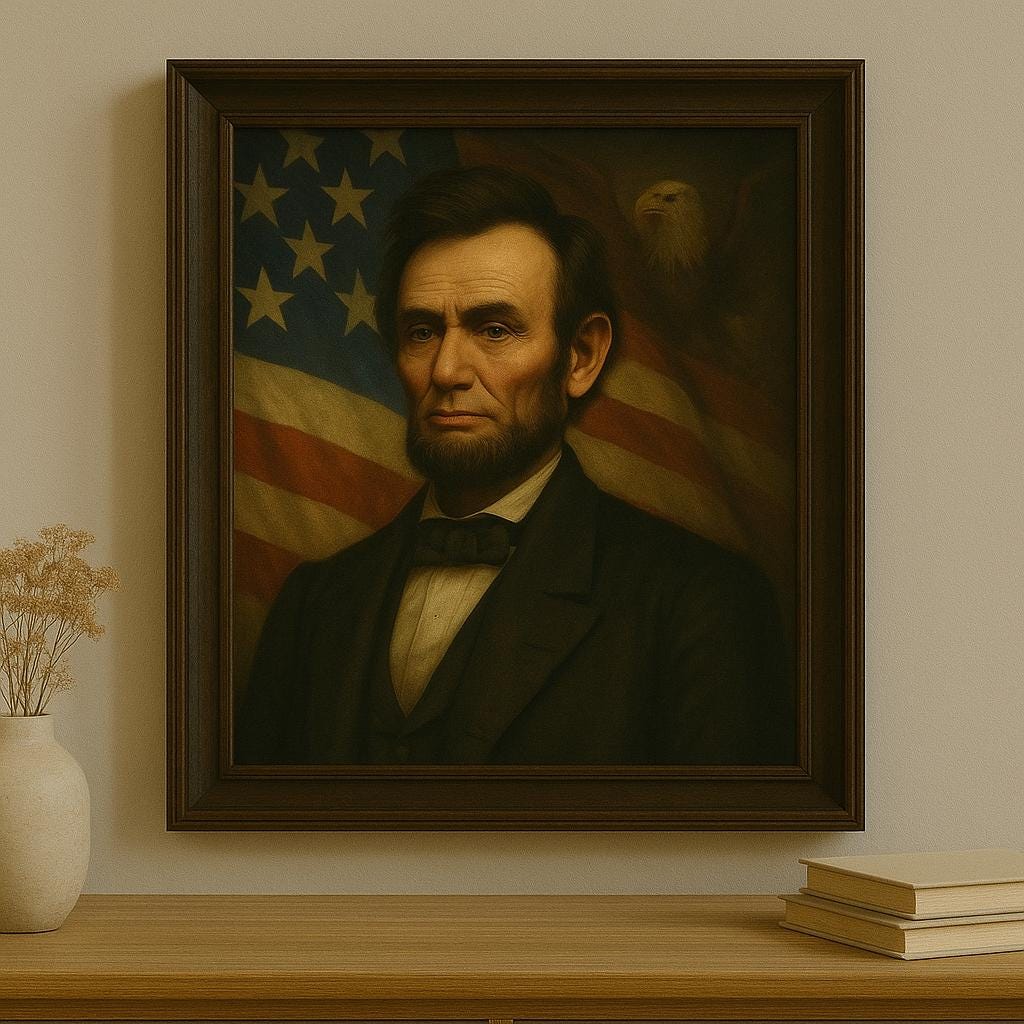 エイブラハム・リンカーンの愛国的肖像：ヴィンテージのアメリカ国旗