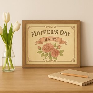 Feliz Dia das Mães - Download Digital Floral Vintage | Arte de Parede com Rosas para Imprimir | Design de Cartão em Estilo Antigo | Decoração Elegante para Mães