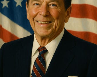 Impresión artística del retrato de Ronald Reagan: Decoración presidencial vintage de los años 80 (descarga digital)