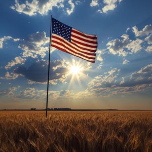 May include: An American flag waving in the wind against a blue sky with white clouds. The flag is in a field of golden wheat.