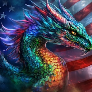 May include: A vibrant, iridescent dragon with blue, green, and red scales is positioned in front of an American flag. The dragon's head is turned to the side, and its eyes are open and alert.