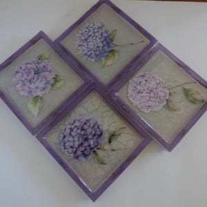 Lavender hydrangea coasters. 4 in a set with holder