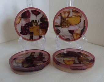 coasters with grapes, wine bottles and glasses. burgundy rim