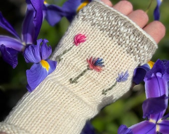Hand Knit Arm Warmer Set with Flower Embellishments