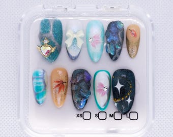 Winter Autumn Inspired Press On Nails: Handmade Cat Eye Stone Nail Art