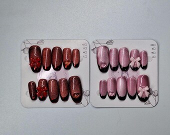 Celestial Bow Press On Nails: Cat Eye Shimmer Chrome French, Kawaii 3D Ribbon set of 2 pieces