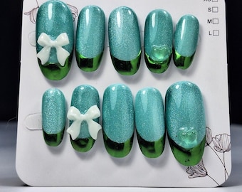 Celestial Bow Press On Nails: Cat Eye Shimmer Chrome French, Kawaii 3D Ribbon Green