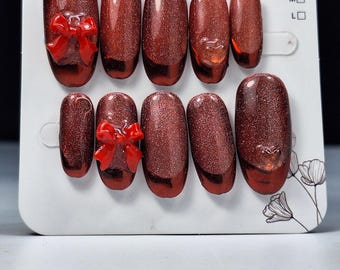 Celestial Bow Press On Nails: Cat Eye Shimmer Chrome French, Kawaii 3D Ribbon Red
