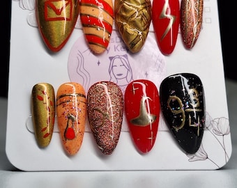 Gryffindor Inspired Press On Nails – Red & Gold Wizard Nail Set, Harry Potter Fantasy Nails
