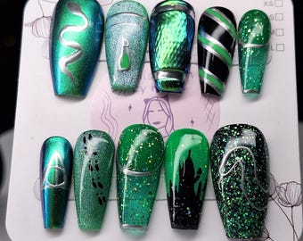 Slytherin Inspired Press On Nails – Emerald Green & Black Magical Nail Set, Wizard Aesthetic, Custom Size