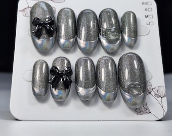 Celestial Bow Press On Nails: Cat Eye Shimmer Chrome French, Kawaii 3D Ribbon Silver