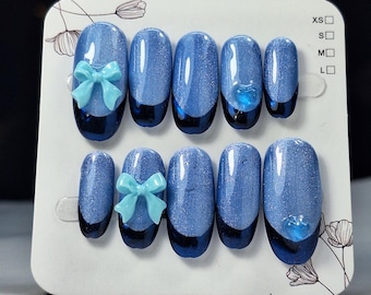 Celestial Bow Press On Nails: Cat Eye Shimmer Chrome French, Kawaii 3D Ribbon Dark Blue
