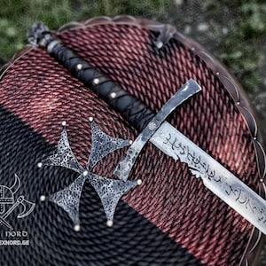 Hand-Forged Fantasy Longsword with Ancient Georgian Script and symbols – Battle-Worn Aesthetic