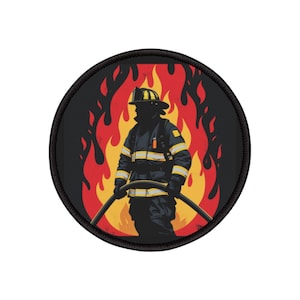 May include: A black and yellow firefighter silhouette standing in front of a red and yellow flame illustration. The firefighter is holding a hose and wearing a helmet.