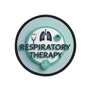 May include: A round patch with a black border and a light blue background. The center features the words "RESPIRATORY THERAPY" in white, with a stethoscope, lungs, and a heart rate monitor graphic.