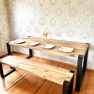 Dining table and bench, Custom size and color options,Handmade solid wood table,iron footed stool table,wood kitchen table with metal legs