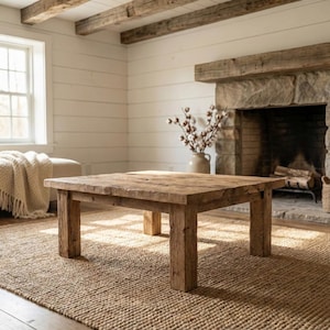 Könnte beinhalten: Ein quadratischer Couchtisch aus verwittertem Holz mit natürlicher Oberfläche. Der Tisch steht auf einem gewebten Jute-Teppich. Der Raum ist mit einem Kamin und Holzbalken ausgestattet, was eine gemütliche Atmosphäre schafft.