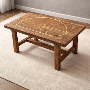 May include: A rectangular wooden coffee table with a golden spiral design on the tabletop. The table is made of dark brown wood and has four sturdy legs. It sits on a cream-colored rug.