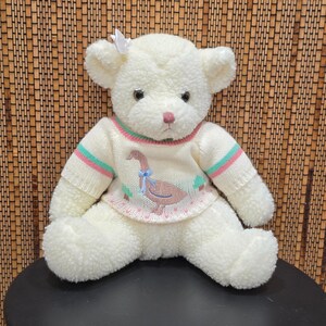 Suéter vintage Popcorn Sherpa Teddy Bear Goose de 1988 Summit Collection Blanco 10"