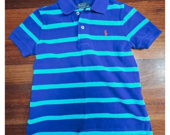 Polo Ralph Lauren Boys 3T Blue Teal Striped Short Sleeve Polo Shirt Y2K
