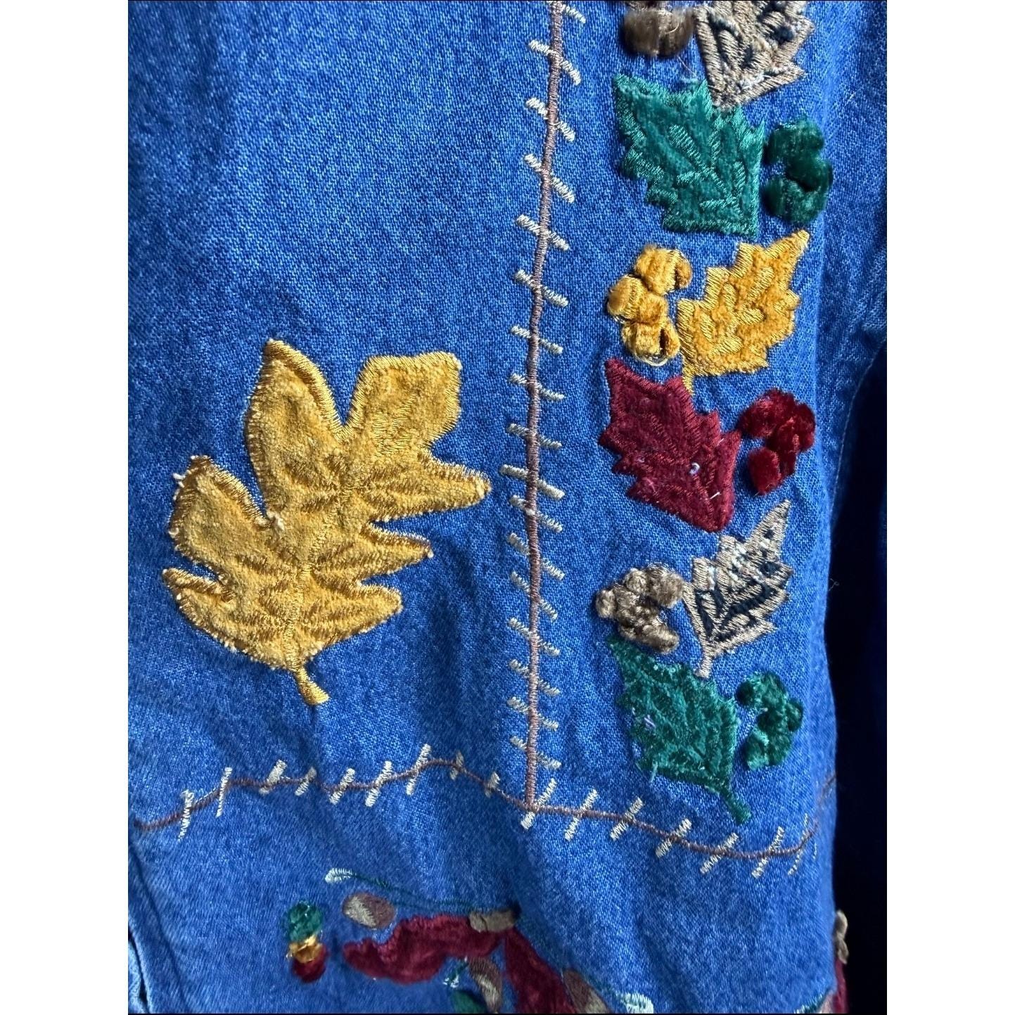 Vintage Sara Studio Women's 3X Denim Jacket Fall Leaf Embroidered