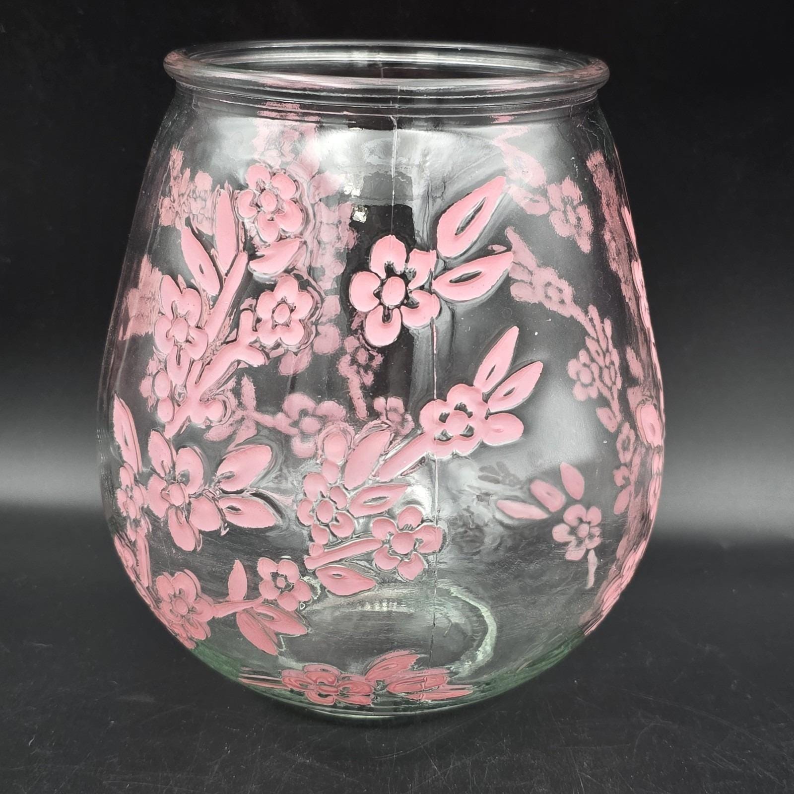 ピンクの花柄ガラス花瓶、ヴィンテージキャンドルホルダー（7インチ
