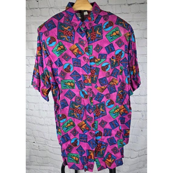 1980s Royal Crest Rayon Blouse: Vintage Art Deco Print Top