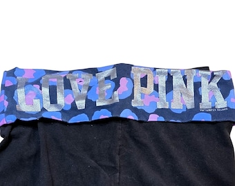 Victoria's Secret PINK Foldover Yoga Leggings Black Leopard Print Silver  SY2K