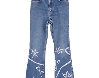 Pantalones vaqueros de mezclilla azul para niña, estilo Y2K, con estampado floral y de corazones, talla 14, años 90.