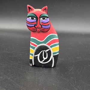Vintage Laurel Burch Wood Cat Statue 80&#39;s Carved Wood Painted Cat Figurine 4&quot;