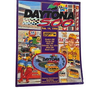 May include: A vintage Daytona 500 magazine cover from 1995, featuring the race logo in red and white, with the date February 19, 1995. The cover includes images of race cars, a winner holding a trophy, and the Kodak Film logo.