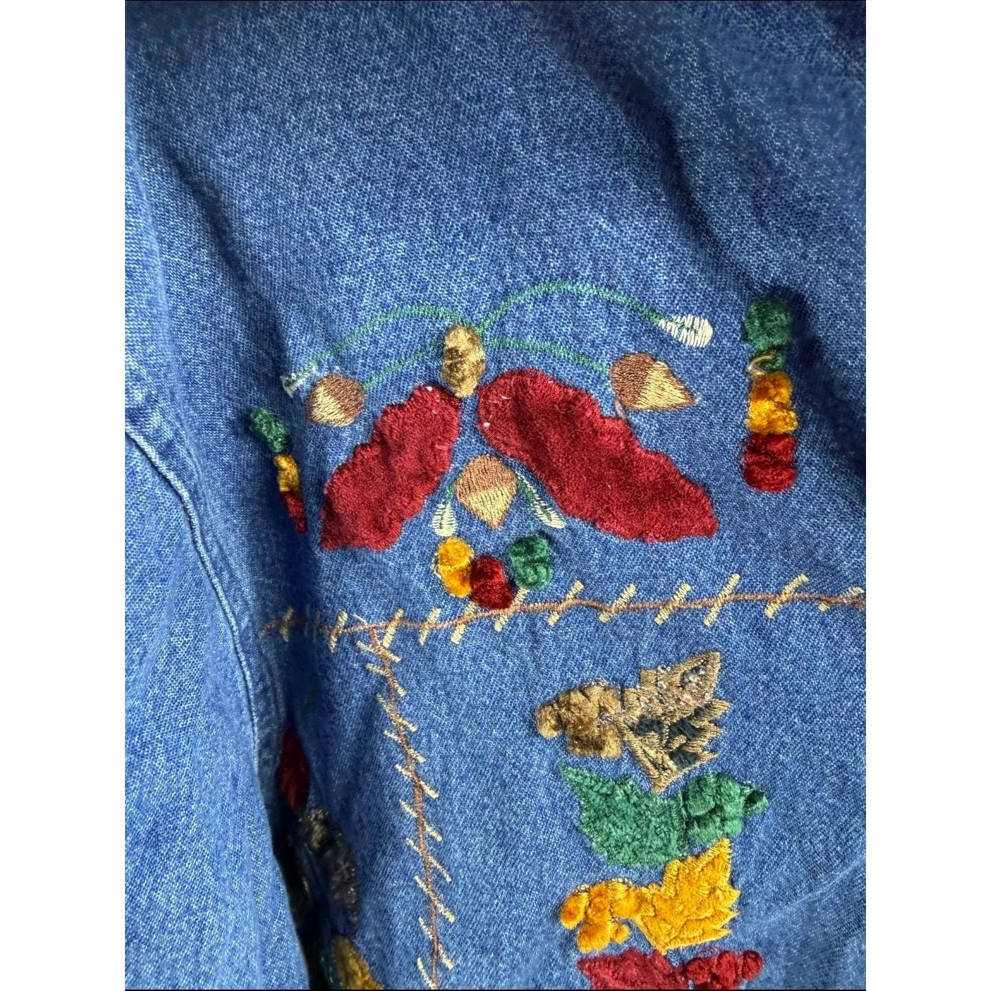 Vintage Sara Studio Women's 3X Denim Jacket Fall Leaf Embroidered