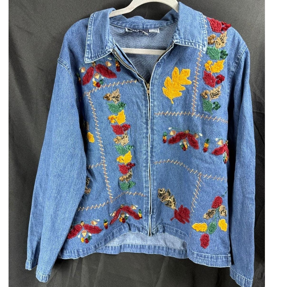 Vintage Sara Studio Women's 3X Denim Jacket Fall Leaf Embroidered