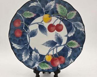 Williams Sonoma Porcelain Salad Plate Blue Red Cherry Tomatoes 1990s Japan 7.5"