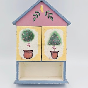 Vintage Folk Art Wooden House Wall Cabinet Hand Painted Topiary Bird Blue Pink