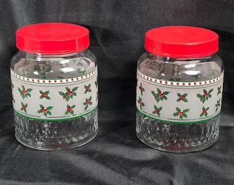 2er Set Vintage Christmas Holly Glasdosen Rote Deckel Küche Vorratsdosen