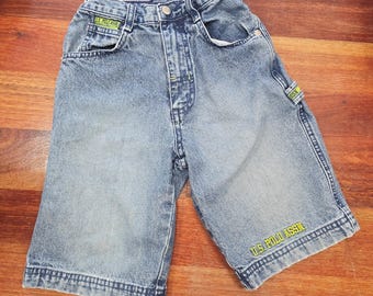 Y2K US Polo Assn Boys Denim Carpenter Shorts Acid Wash Lime Green Thread Size 6