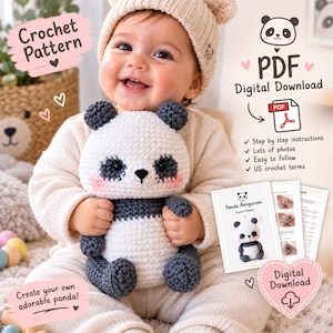 Op de afbeelding: Een digitaal PDF-haakpatroon voor een panda amigurumi-speeltje. Het document bevat stapsgewijze instructies, foto's en Amerikaanse haaktermen. Het patroon toont een gehaakte panda in wit en donkergrijs met roze wangen en een zwarte neus.