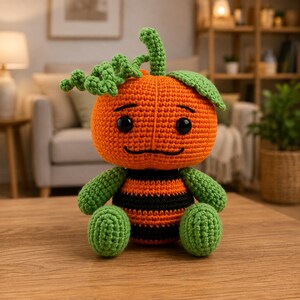May include: A crocheted plush toy shaped like a pumpkin with a green stem and curly vine. The pumpkin has a round orange head with black eyes and a stitched mouth. The body features horizontal orange and black stripes with green arms and legs.