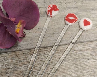 Valentine Swizzle Stick, Fused Glass, Hot Cocoa Stir Stick, Coffee Stirrer, Cocktail Drink Stirrer, Red Heart, Red Cupid, Red Lips, Favor