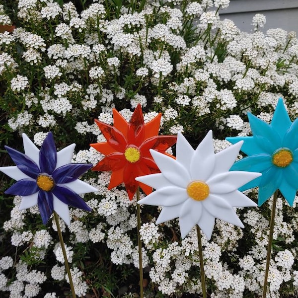 Fused Glass Flower Plant Stake, Garden Art, Gardeners Gift, Unique Gift, Yard Stick, New Home Gift, Orange White Purple Blue