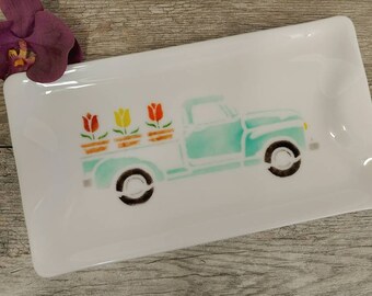 Turquoise Truck Serving Tray, Fused Glass, Spring and Summer, Cookie Tray, Cheese and Meats Platter, Colorful Tulips, Unique Gift