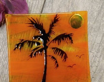 Palm Tree Sushi Dish, Tropical Plate, Fused Glass, Soap Dish, Sponge Holder, Ring Holder, Trinket Dish, Dichroic Glass