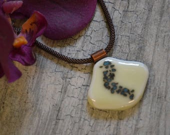 Fused Glass Unique Pendant, Vanilla Cream and Turquoise Necklace, OOAK, One of a Kind, Copper Plated Chain