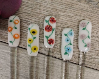 One Swizzle Stick, Fused Glass, Dainty Flowers, Wedding Party Favor, Cocktail Stirrer, Coffee Java Sticks, Hot Chocolate, Tea Swizzle Stick