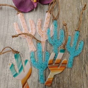 Fused Glass Saguaro Cactus Ornament: Hand-Painted Southwest Suncatcher