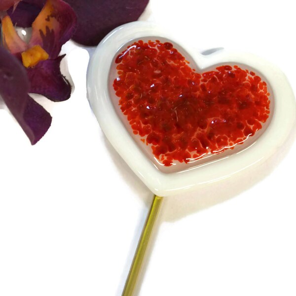 Heart Plant Stake, Garden Stake, Fused Glass, Valentine's Day, Red Sugar, Anniversary Gift, Home Decor, I Love You Gift