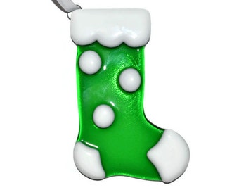 Christmas Stocking Ornament, Fused Glass, Suncatcher, Tree Ornament, Christmas Decor, Green with White Polka Dot